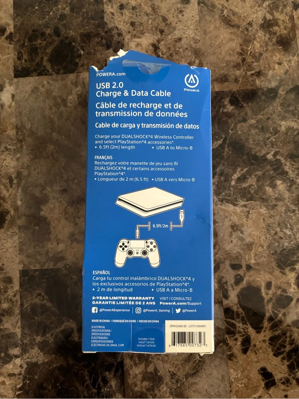 PlayStation 4 Power A 6.5ft/2m Charging & Data Cable *Open Box *FOR PS4 New